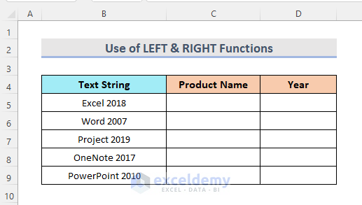 Dataset for Using Excel LEFT & RIGHT Functions to Split One Column into Multiple Columns