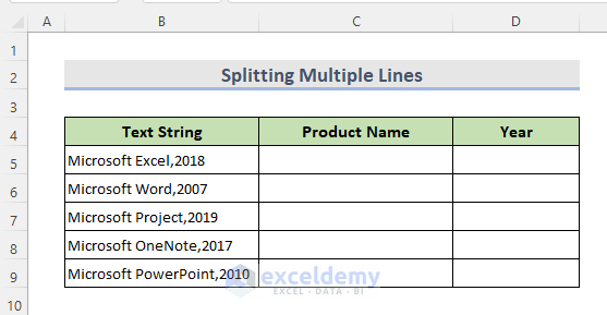 Dataset of Splitting Multiple Lines of One Column into Multiple Columns in Excel