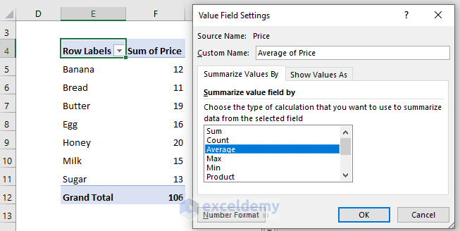 Pivot Table to Calculate Average in Excel