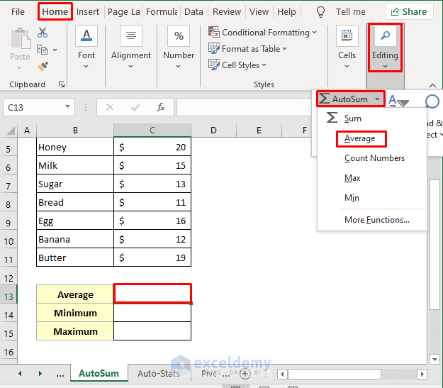 AutoSum Tool to Evaluate Average in Excel