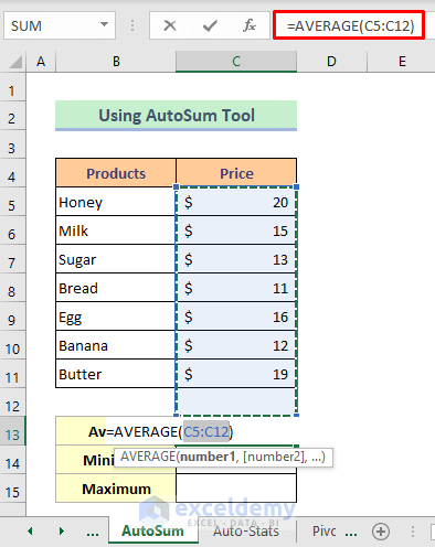 Calculate Average Value in Excel