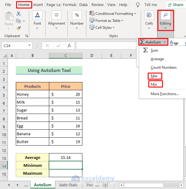 AutoSum Tool to Evaluate Minimum And Maximum in Excel