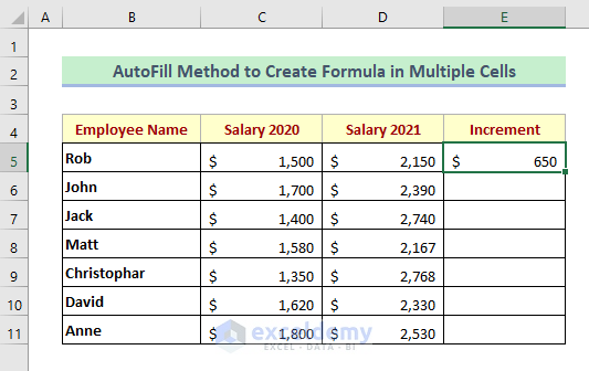 Method 1: AutoFill Method in Excel to Create a Formula in Multiple Cells