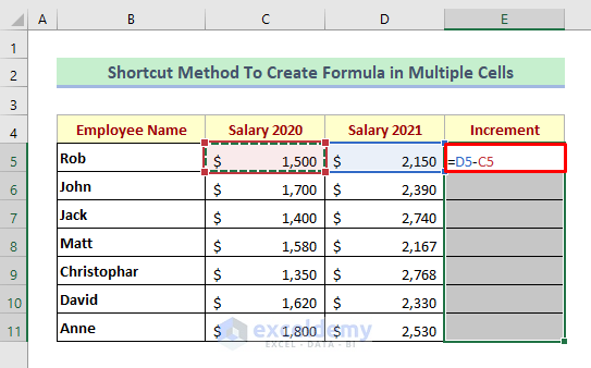 Method 2: Apply Shortcut To Create a Formula in Multiple Cells in Excel