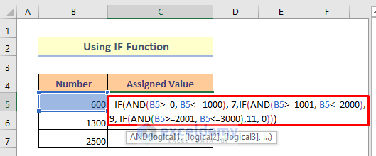 Method 2: Insert a Function to Create a Range of Numbers to Assign A Value Or Category in Excel