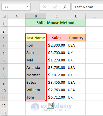 Shift+Mouse Method to Move Column In Excel