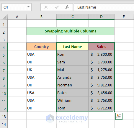 Method 5: Swapping Multiple Columns in Excel