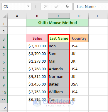 Shift+Mouse Method to Move Column In Excel