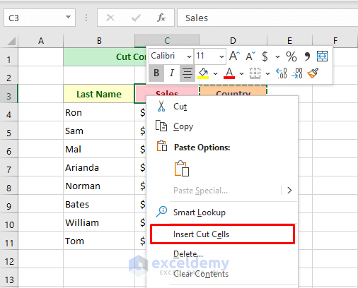 Method 2: Cut Command Method for Moving Column In an Excel Sheet