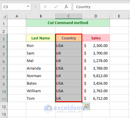 Method 2: Cut Command Method for Moving Column In an Excel Sheet