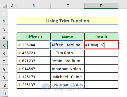 Trim Function to Remove White Space in Excel