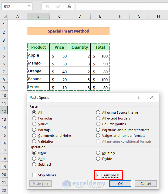 Method 1: Use Paste Special Tool to Transpose Table in Excel