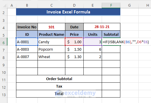 Calculating the Subtotal for Each Item with Formula