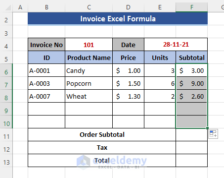Calculating the Subtotal for Each Item with Formula