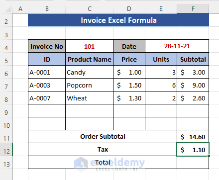 Including Tax Amount for the Subtotal with Formula