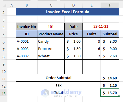 Showing Final Calculated Output of the Invoice