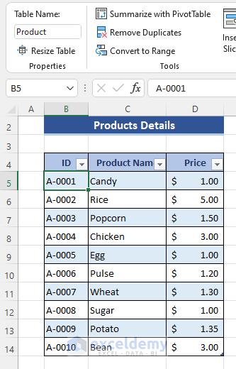 Declare Data Range as Table in Excel