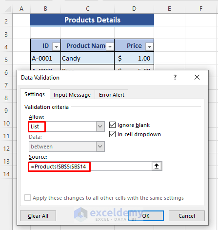 Apply Data Validation for Invoice in Excel