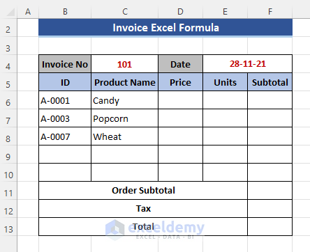 Adding Product Names and ID in the Invoice in Excel