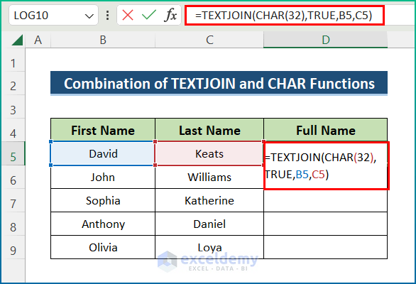 Combine TEXTJOIN and CHAR Functions to Merge Text from Two or More Cells into One Cell in Excel