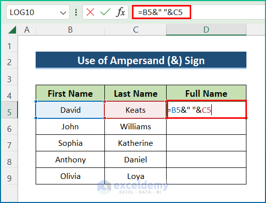 Utilize Ampersand (&) Sign to Merge Text from Two or More Cells into One Cell in Excel