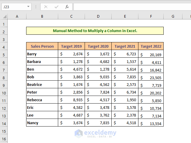 Apply Manual Method to Multiply a Column by a Number in Excel