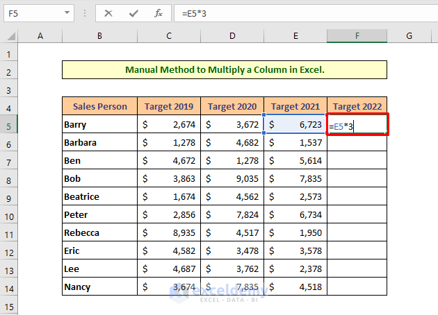 Apply Manual Method to Multiply a Column by a Number in Excel