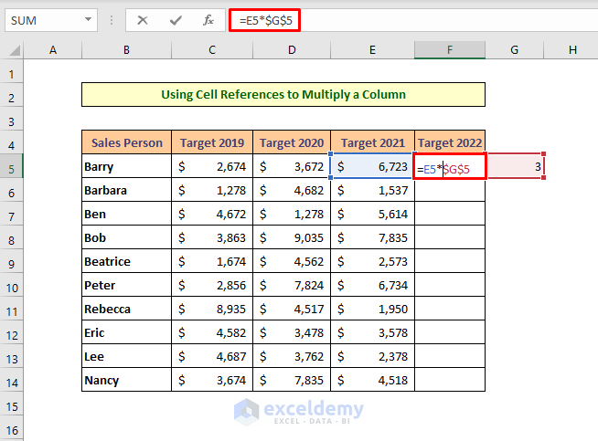 Using Cell References in Excel to Multiply a Column By a Number