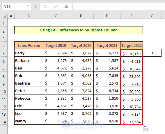 Using Cell References in Excel to Multiply a Column By a Number