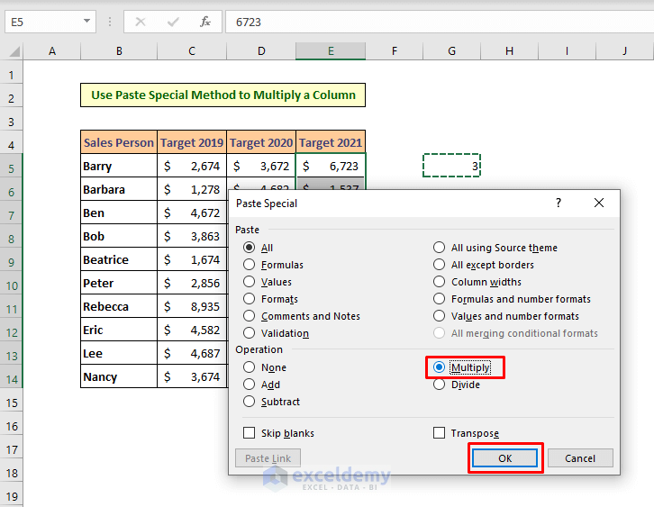 Use Paste Special Method to Multiply a Column by a Number in Excel