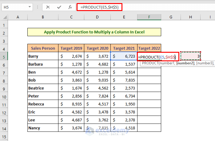 Apply Product Function in Excel to Multiply a Column by a Number