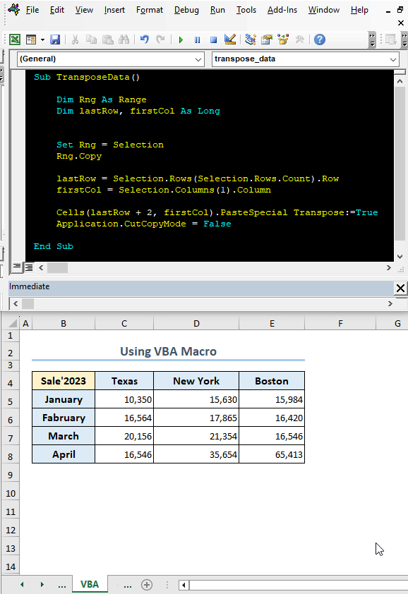 Output of running Excel VBA code to transpose data