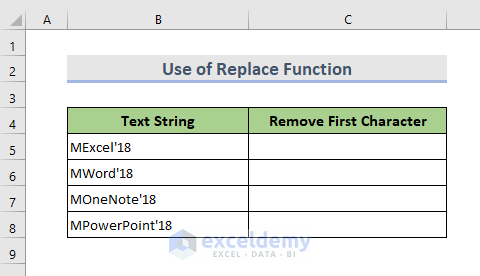 Insert REPLACE Function to Remove First Character from String in Excel