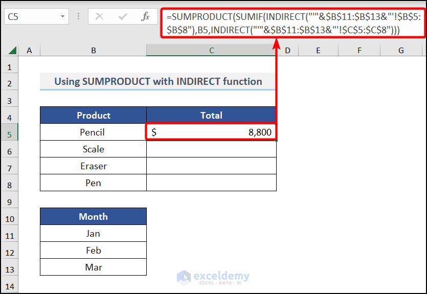 Using SUMIF and INDIRECT function for SUMPRODUCT across multiple sheets in excel