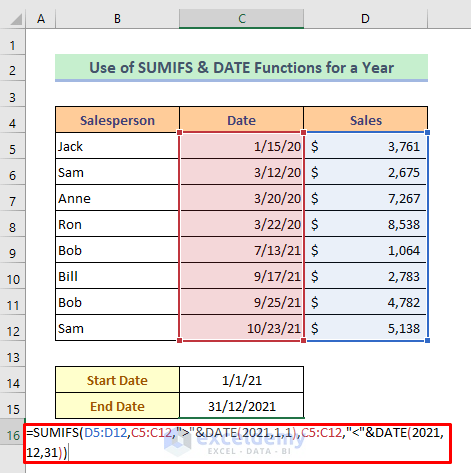 SUMIFS And DATE Functions Jointly to Sum in a Specific Year