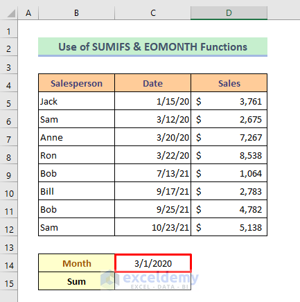 SUMIFS And EOMONTH Functions to Sum in A Specific Month