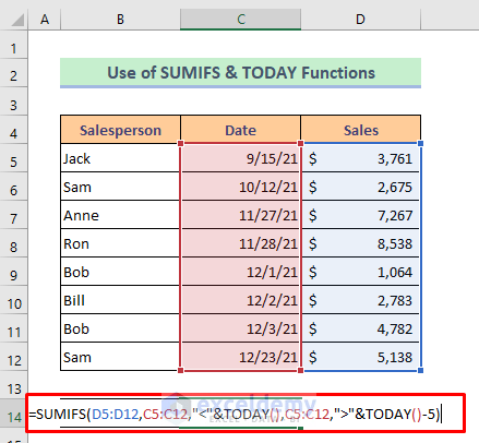 SUMIFS and TODAY Functions to Enter a Date Range with Criteria