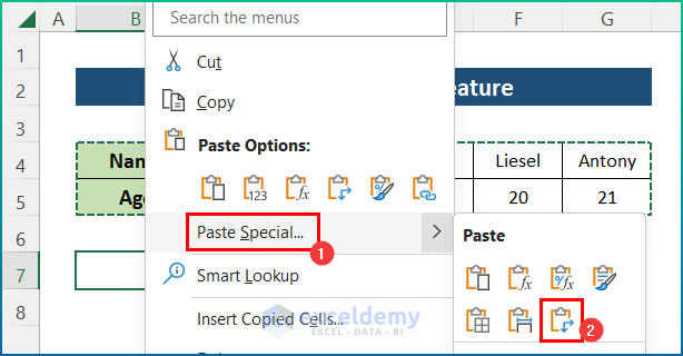 Transpose Array with Paste Special Feature in Excel