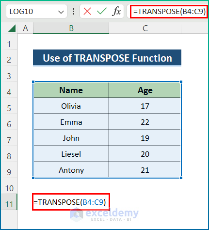 Insert Excel TRANSPOSE Function to Interchange Array