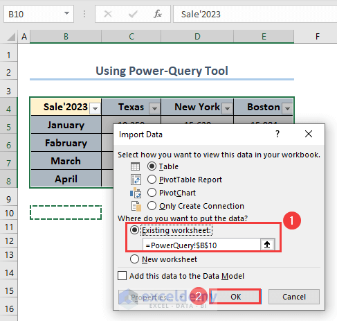 Importing data to the existing worksheet.