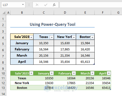 Obtaining the transposed data via Excel Power Query tool.