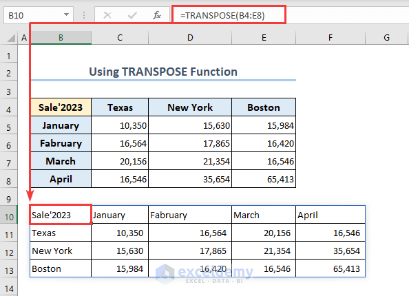 Using the Excel TRANSPOSE function