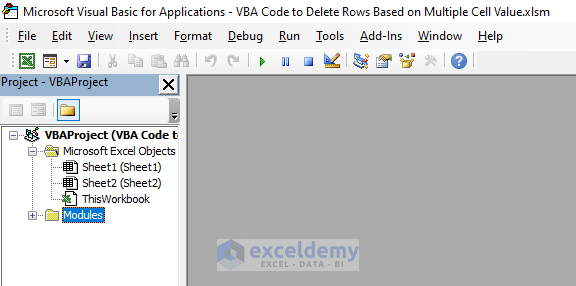 VBA Window to Use VBA Code to Delete Rows Based on Multiple Cell Value in Excel
