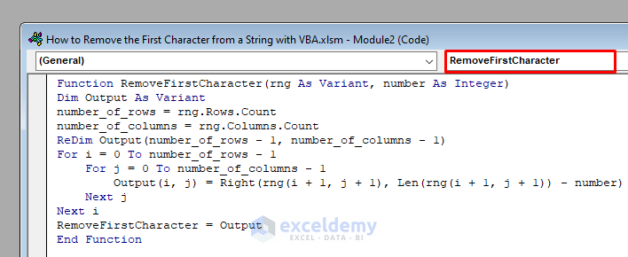 Code to Remove the First Character from a String with VBA in Excel