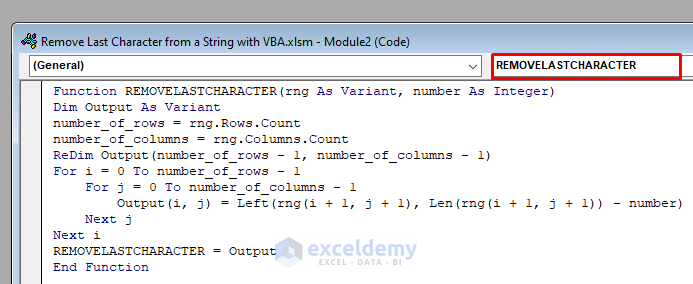 VBA Code to Remove Last Character from String with VBA