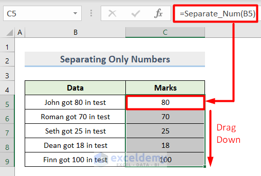 Final output of Applying VBA to Separate Only Numbers from String 