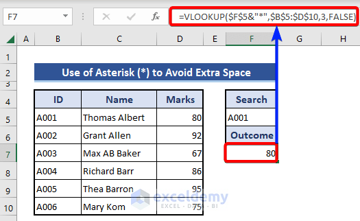 Use Asterisk in the VLOOKUP formula to remove trailing space in Excel