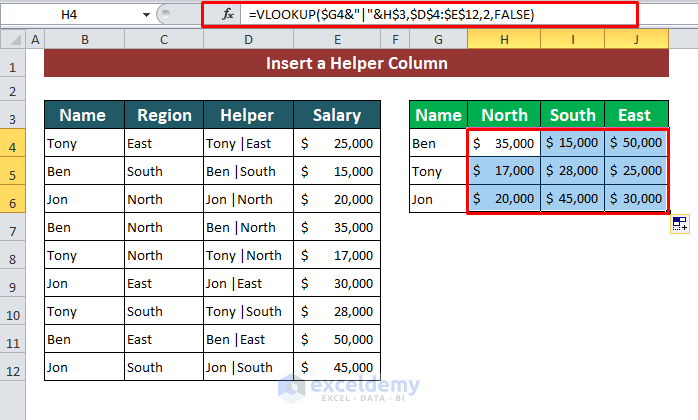 Insert a Helper Column to VLOOKUP with Multiple Conditions in Excel