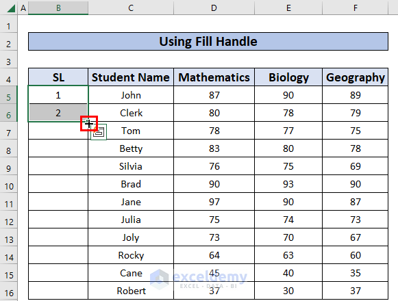 Using Fill Handle to Number Rows Automatically in Excel