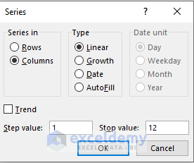 Setting Series Options to Number Rows Automatically in Excel